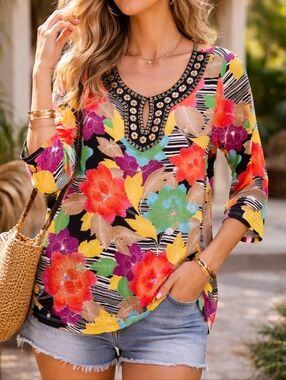 Cable & Gauge Vibrant Multicolor Floral Top Beaded Sequin Neckline Boho Resort